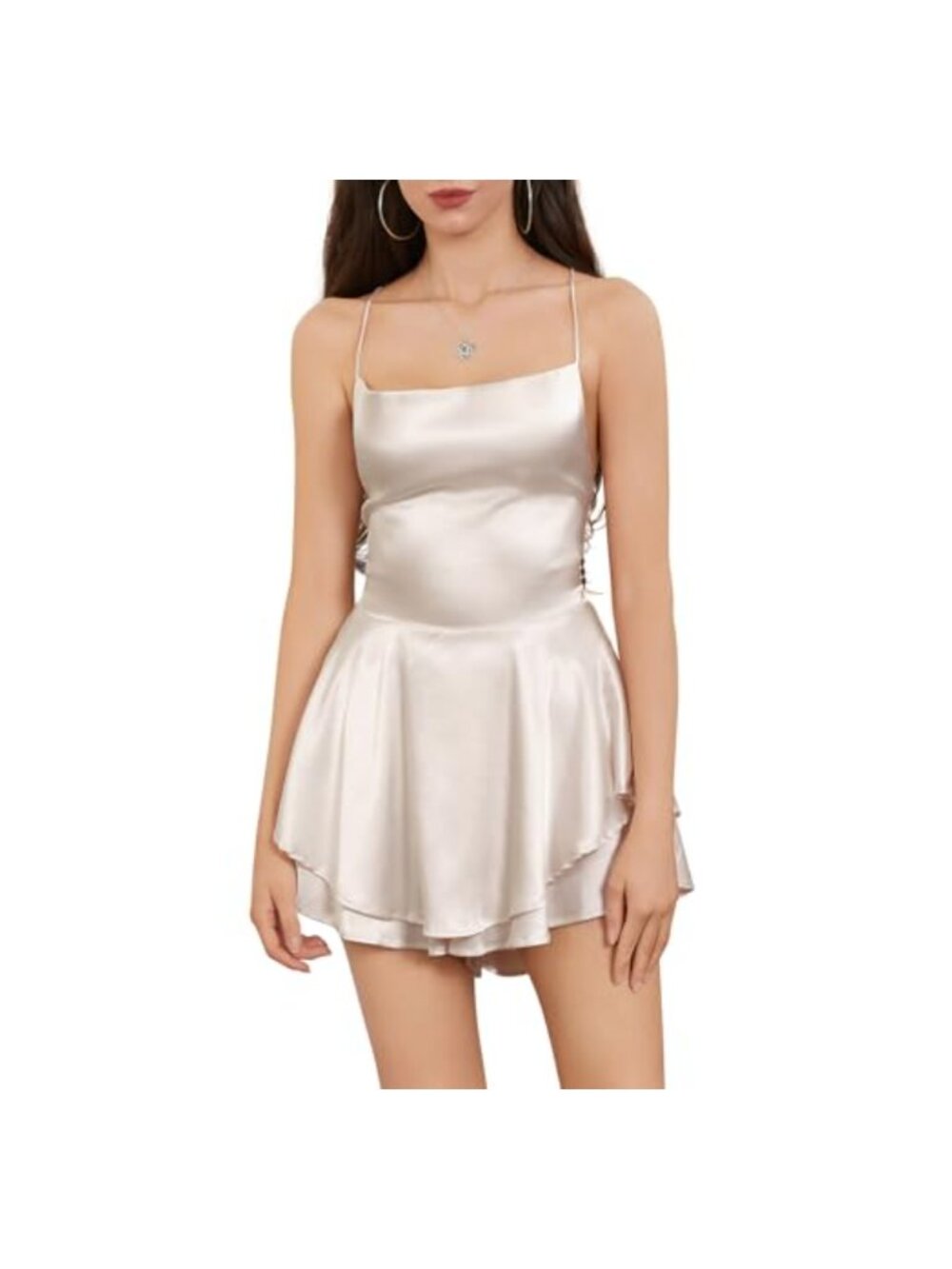 Women's Satin Cowl Neck Backless Romper Jumpsuit Short Sleeveless Bodycon Summer